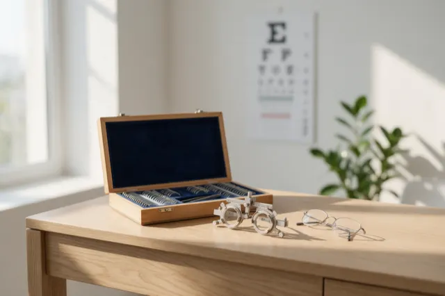 Montura de prueba y caja de lentes de optometría sobre el escritorio, con la tabla de agudeza visual al fondo.