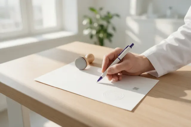 Mano de un médico firmando un certificado con sello en relieve, junto a un sello de goma.