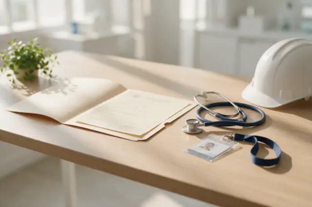 Carpeta abierta con un certificado médico, estetoscopio, carnet de trabajador y casco blanco.