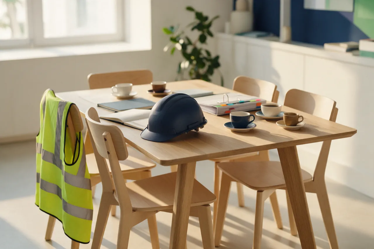 Mesa de reunión con chaleco reflectivo, casco, libretas abiertas y tazas de café.