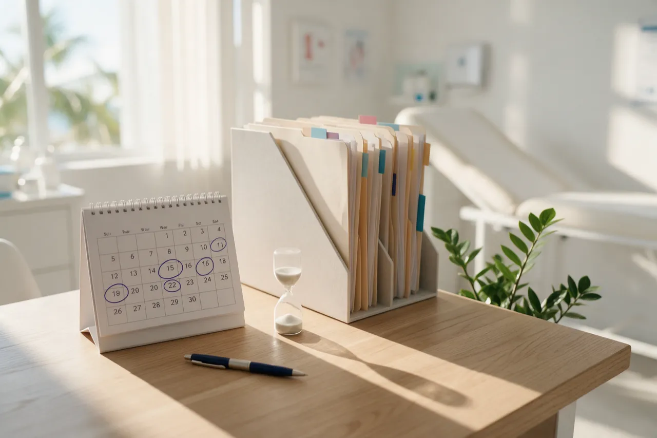 Calendario de escritorio con fechas marcadas, carpetas de pacientes con pestañas de colores y un reloj de arena.