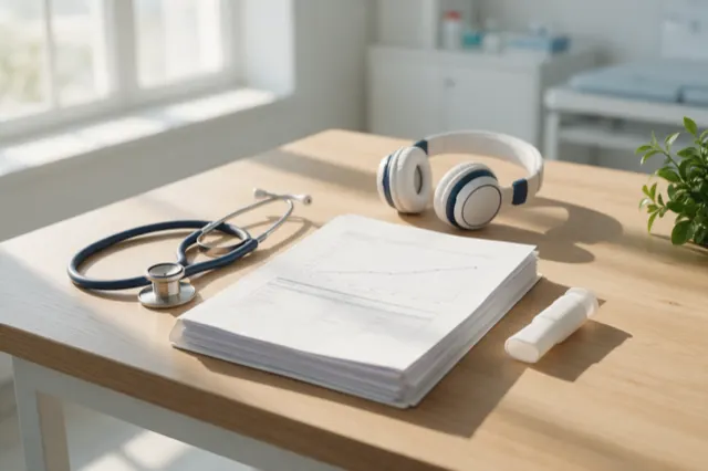 Estetoscopio, audífonos de audiometría y una carpeta de controles anuales con una gráfica de tendencia.