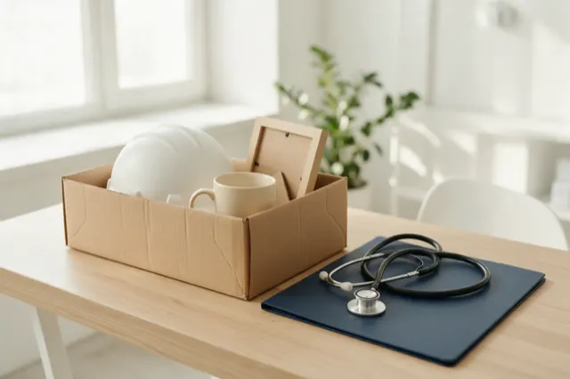 Caja con las pertenencias de un trabajador, casco y taza, junto a una carpeta médica y un estetoscopio.
