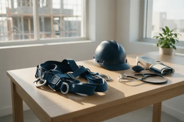 Arnés de seguridad, casco, tensiómetro y estetoscopio, con un andamio de construcción tras la ventana.