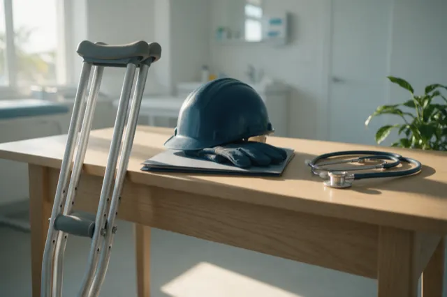 Muletas apoyadas en el escritorio, casco y guantes sobre una carpeta médica y un estetoscopio.