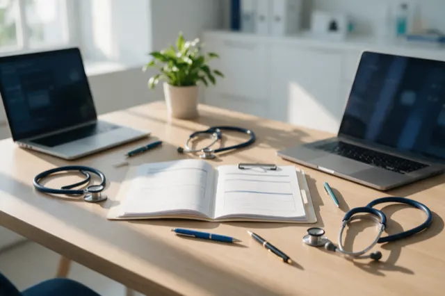 Tres estetoscopios y varios bolígrafos alrededor de una sola carpeta abierta, entre dos laptops.
