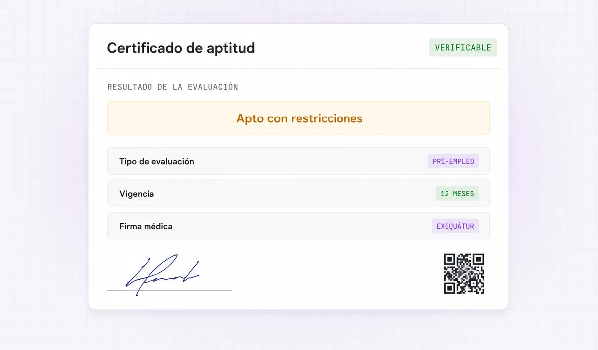 Certificado de aptitud médica laboral con resultado, firma médica con exequátur y código QR de verificación.